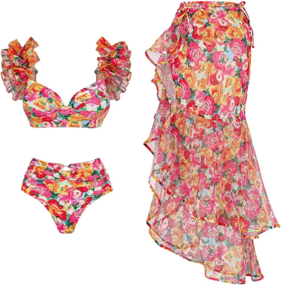 FLAXMAKER Double Layer Ruffled Shoulder Straps Flower Print Bikini Swimsuit and Sarong | Amazon (US)