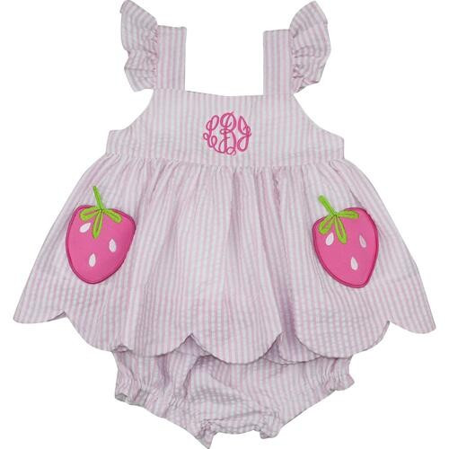 Pink Seersucker Strawberry Diaper Set - Shipping Late May | Cecil and Lou
