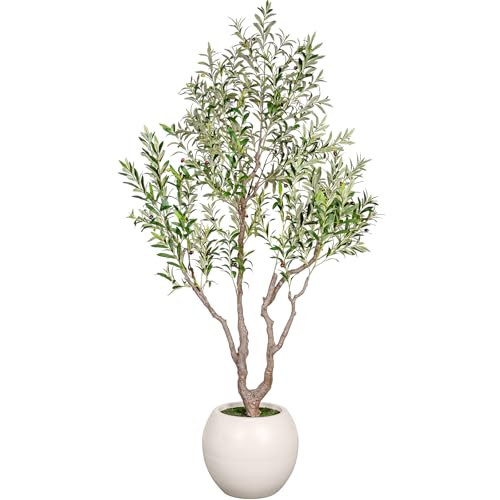 VIVATREES Olive Tree Artificial Indoor, 8FT Tall Faux Olive Tree with 16in Round White Planter, Artificial Plants with Natural Wood Trunk and Lifelike Fruits for Home Office Decor | Amazon (US)