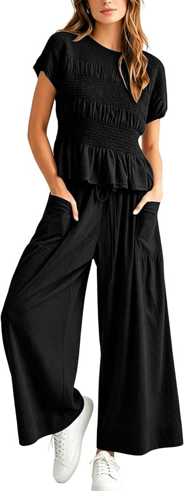 Yeokou Women 2 Piece Matching Lounge Sets Short Sleeve Smocked Top Drawstring Wide Leg Pants Casu... | Amazon (US)