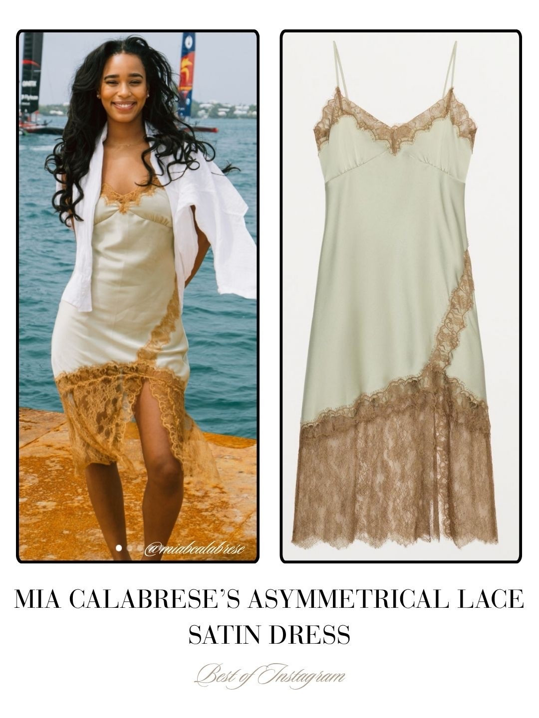 Mia Calabrese’s Asymmetrical Lace Satin Dress 📸 = @miagcalabrese