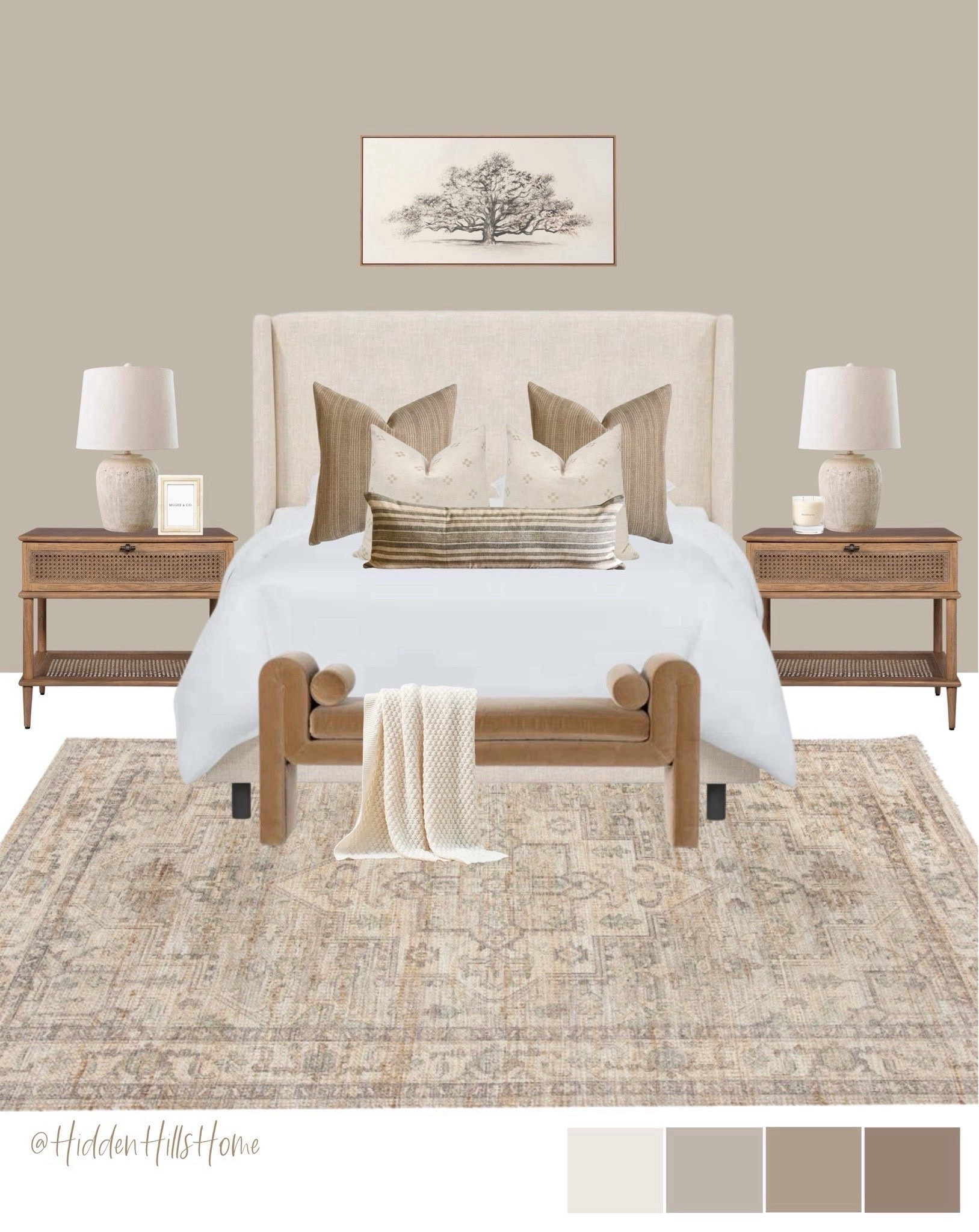 Neutral master bedroom mood board, bedroom rug, home decor ideas, nightstands, primary bedroom design inspo, bedroom decor ideas #bedroom