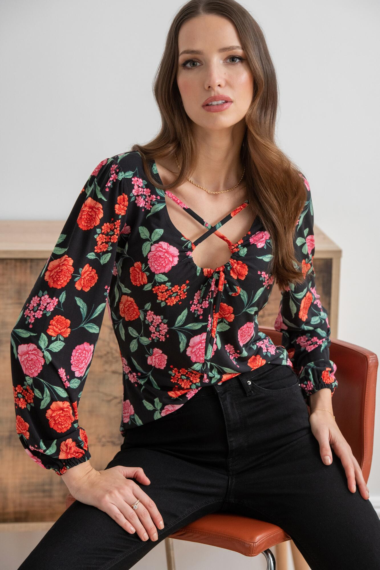 Bianca Cut Out Detail Slinky Stretch Top - Black Floral | Pour Moi