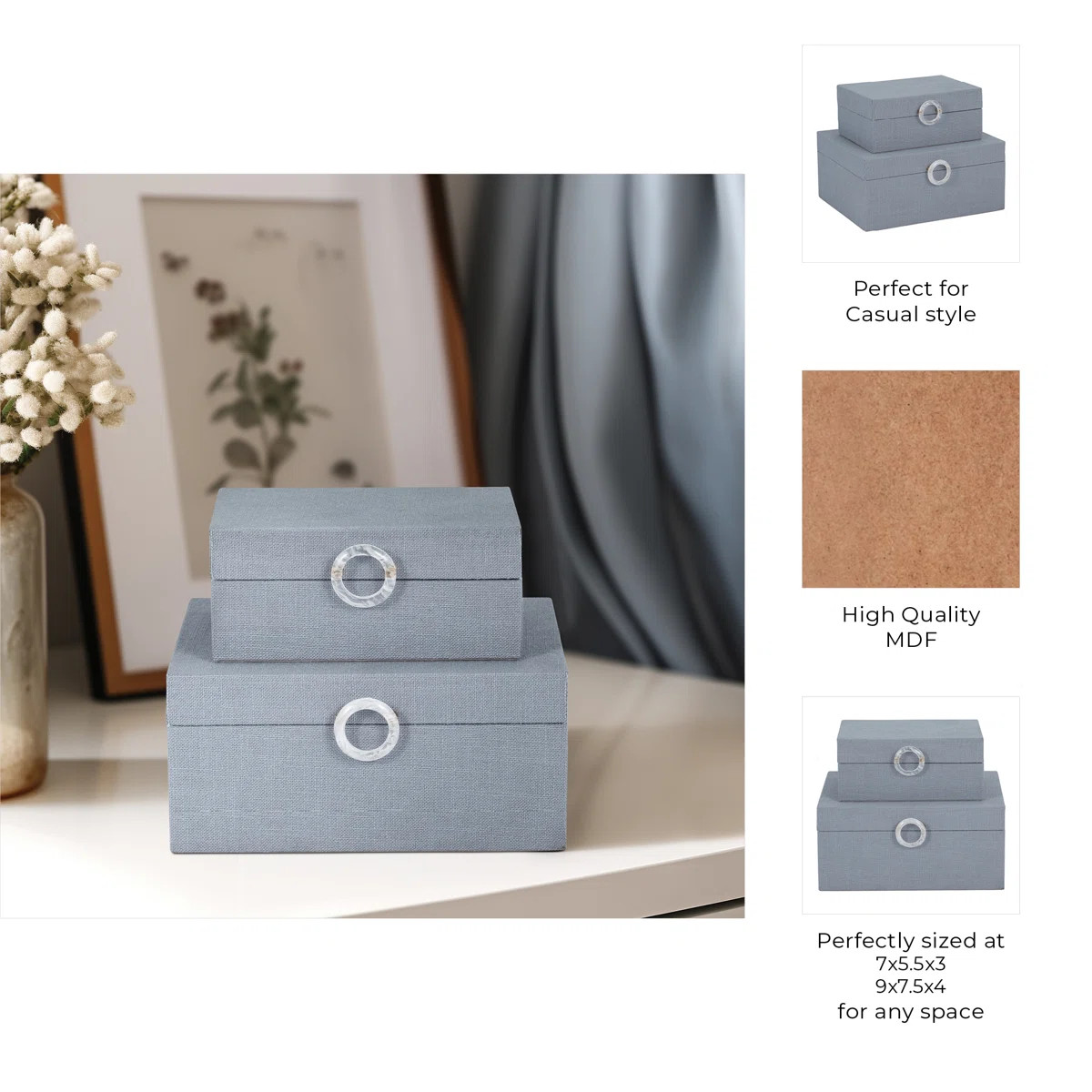 Modern Wood and Velvet Storage Boxes with Decorative Circular Pull - Set of 2 | Wayfair North America