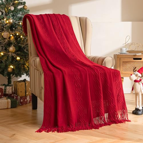MIULEE Christmas Red Knitted Throw Blanket for Couch Boho Textured Cozy Woven Blanket with Tassels for Sofa Chair Bed Living Room Acrylic Wave Pattern 60"x80" | Amazon (US)