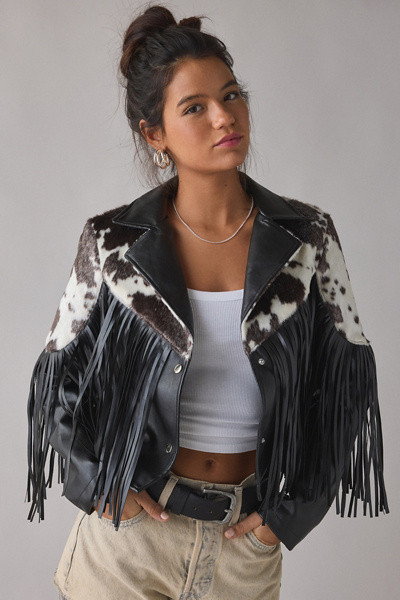 Azalea Wang Olandria Cow Print Faux Leather Fringe Jacket | Urban Outfitters (US and RoW)