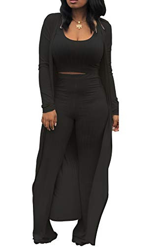LKOUS Women's 3 Piece Outfits Ribbed Knit Crop Tank Wide Leg Pants Long Cardigan Set | Amazon (US)