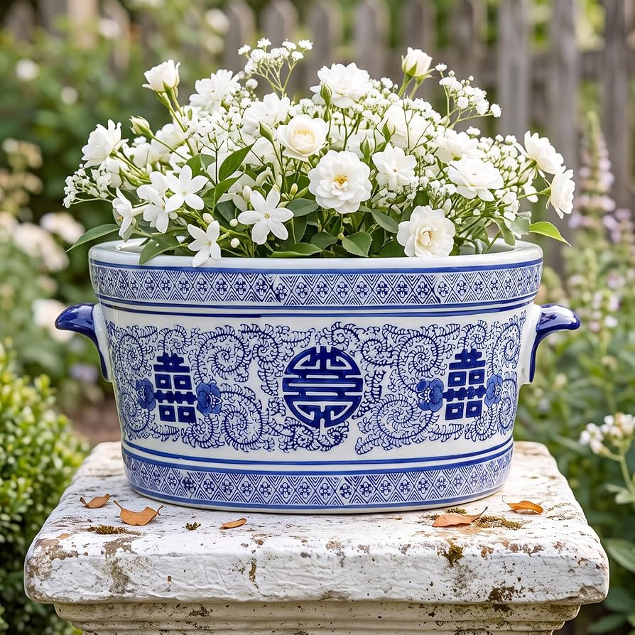 LemonRoad Chinoiserie Ceramic Planter, Blue White, Double Happiness | Amazon (US)