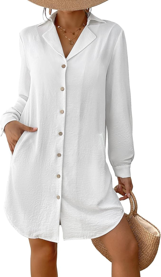 Bsubseach Swimsuit Coverup for Women Long Sleeve Bathing Suit Cover Up Blouse Button Down Shirt D... | Amazon (US)