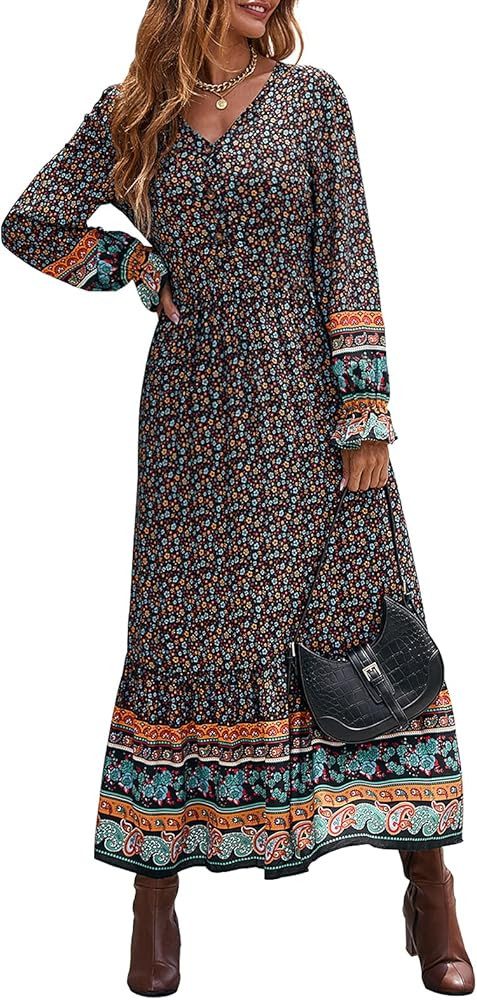 PRETTYGARDEN Long Sleeve Maxi Dress for Women V Neck Casual Button Down Boho Long Floral Dresses | Amazon (US)