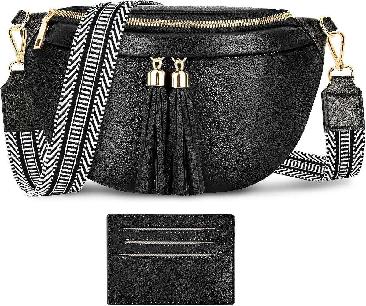 HUANLANG Small Crossbody Bum Bags for Women,Tassel Fanny Packs Crossbody Fashion Sling Purse Leather | Amazon (US)