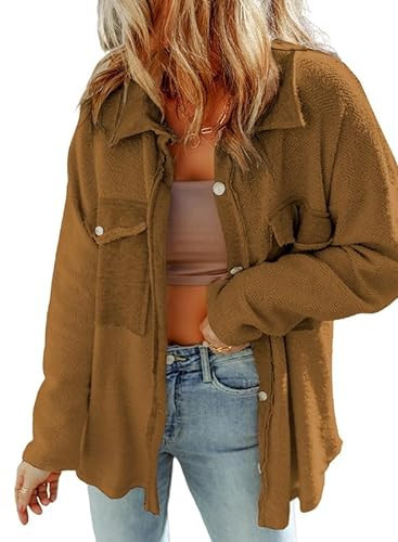 Dokotoo Shacket Jacket Women Fall Winter Warm Sherpa Coats Lapel Long Sleeve Button Down Outerwear Fashion Raw Edge Distressed Shirts with Pockets Brown X-Large | Amazon (US)