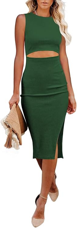 Pink Queen Women's Crew Neck Sleeveless Cutout Side Slit Knee Length Bodycon Midi Dress | Amazon (US)