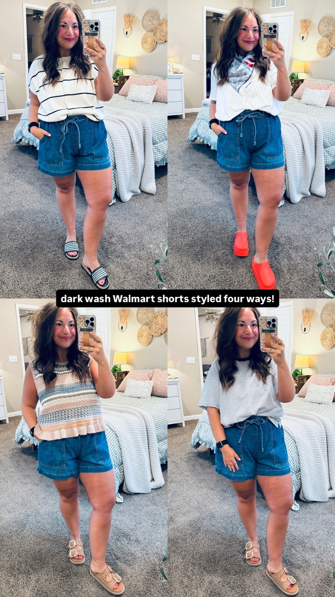 dark wash Walmart shorts styled four ways! 

 