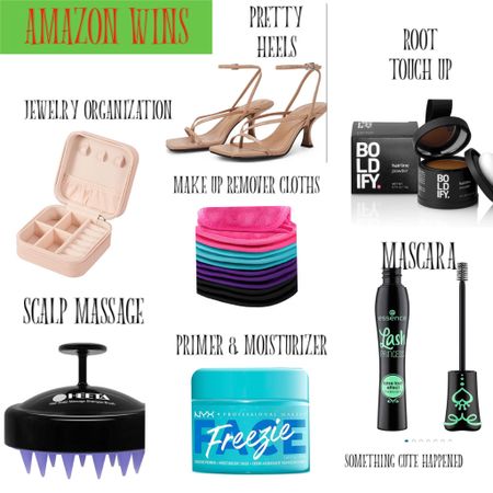All Amazon wins!
Jewelry organization 
Scalp massage 
Mascara 
Primer and moisturizer 
Make up remover towels
Ankle strap heels
Gray hair coverage 

#LTKFind #LTKunder50 #LTKstyletip