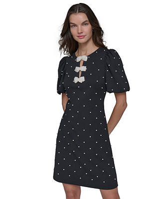 KARL LAGERFELD PARIS Women's Scuba Crepe Sheath with Neckline Pearl Bow Details Dress - Macy's | Macy's