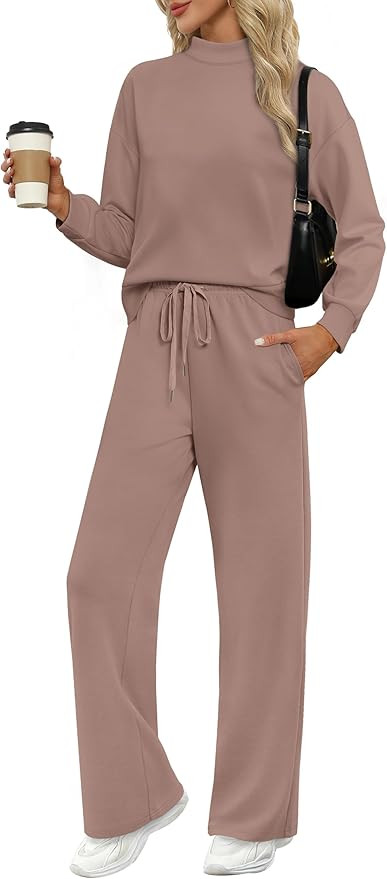 WIHOLL Two Piece Sets for Women Fall Outfits Lounge Sets Mock Neck Tops Wide Leg Pants Vacation T... | Amazon (US)