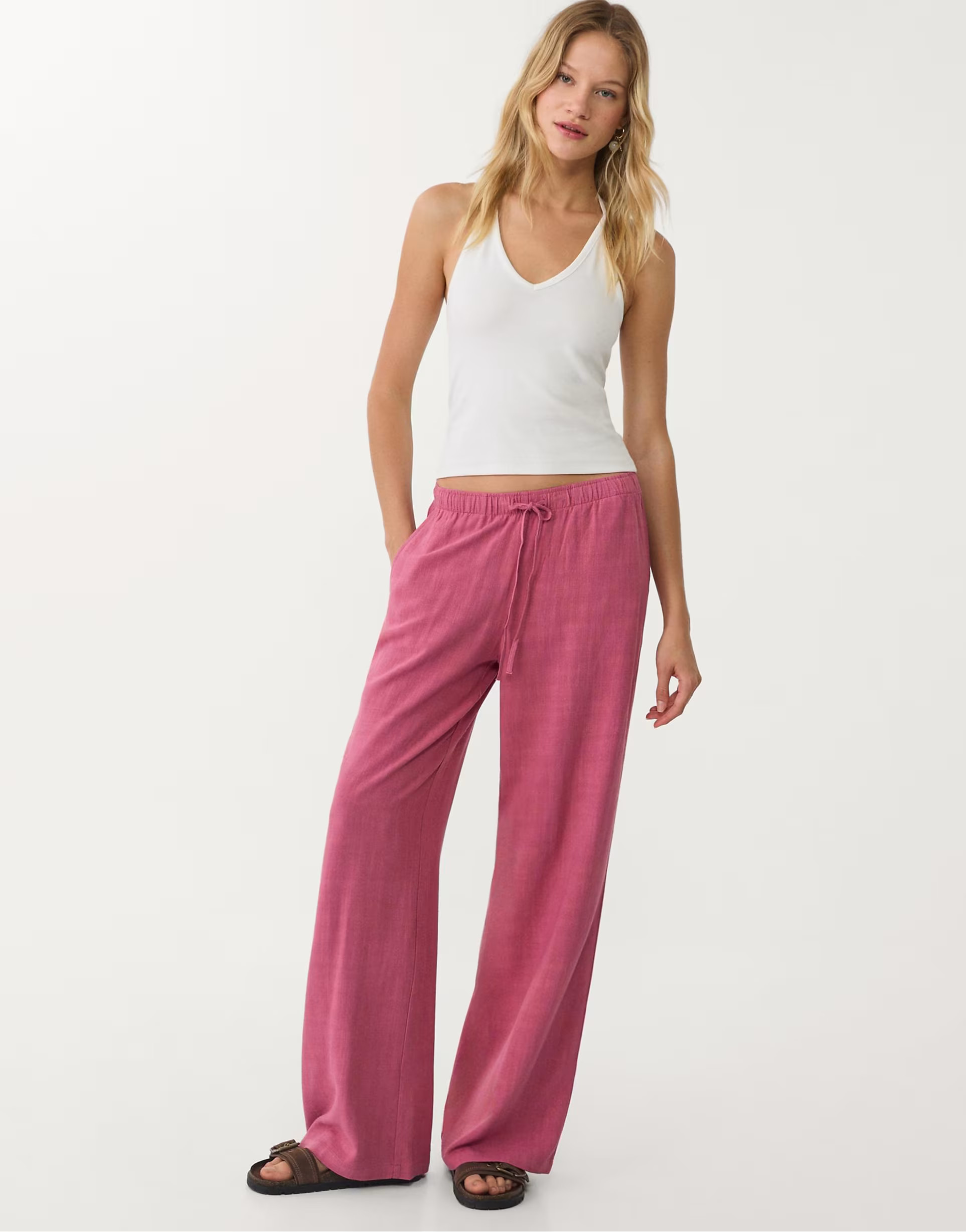 Stradivarius linen blend trousers in light pink | ASOS (Global)