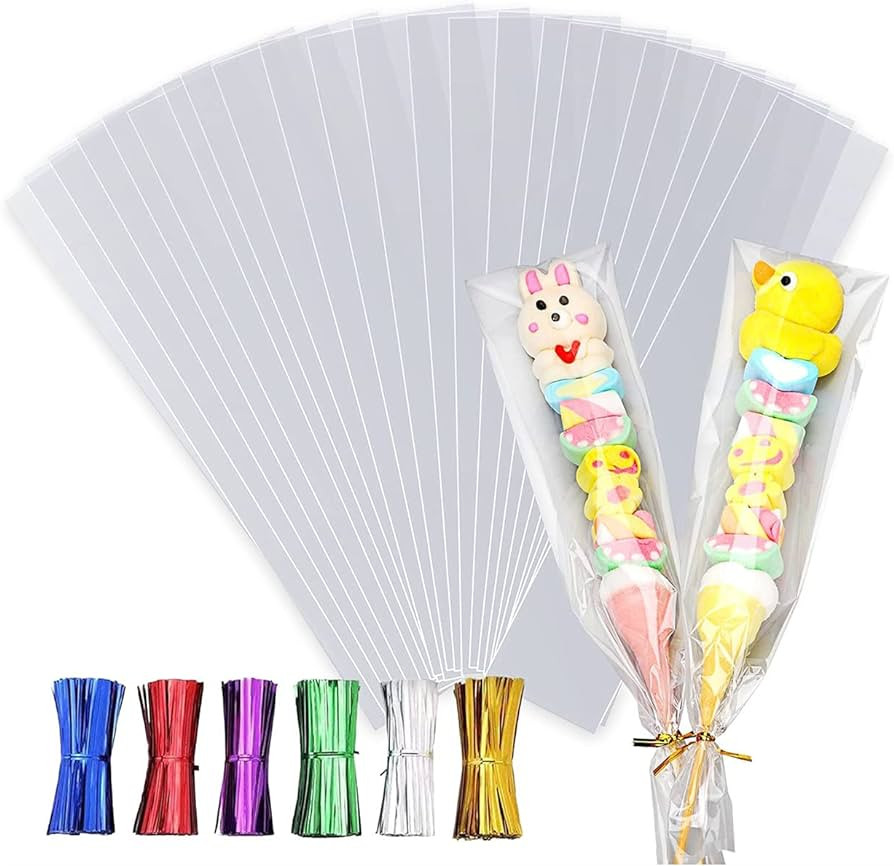 LEOSINDA 100pcs 3 X 11 Clear Long Flat Gift Wrap Cellophane Bags Cookie Bags with 6 Mix Colors Tw... | Amazon (US)