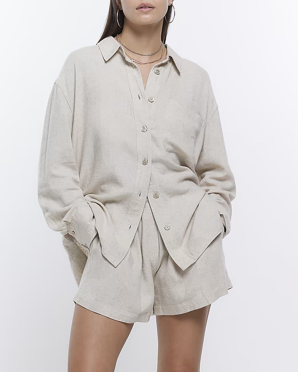 Stone oversized shirt with linen | River Island (UK & IE)