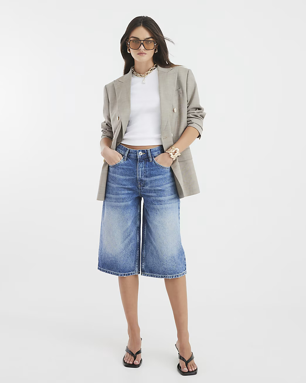 Blue Mid Rise Longline Jorts | River Island UK & IE