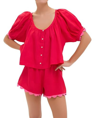 VAOYIU Womens Gingham Two Piece Summer Set Linen Outfit with Scalloped Hem Puff Sleeve Round Neck Top High Waist Shorts Red | Amazon (US)