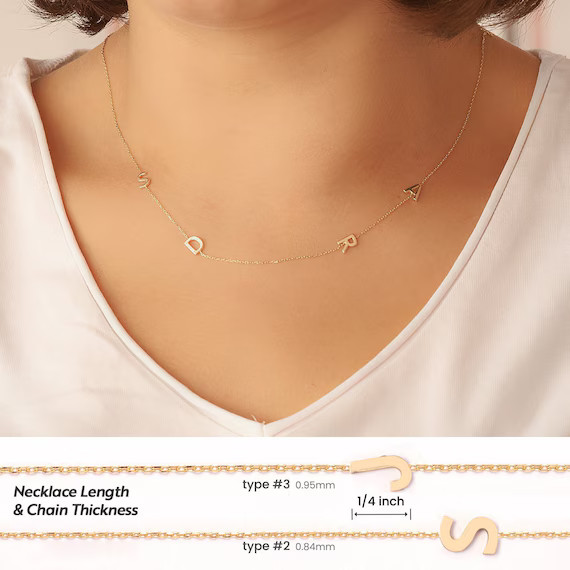 Sideways Initial Gold Necklace, 14k Solid Gold Initial Letter Necklace, Personalized Multiple Let... | Etsy (US)