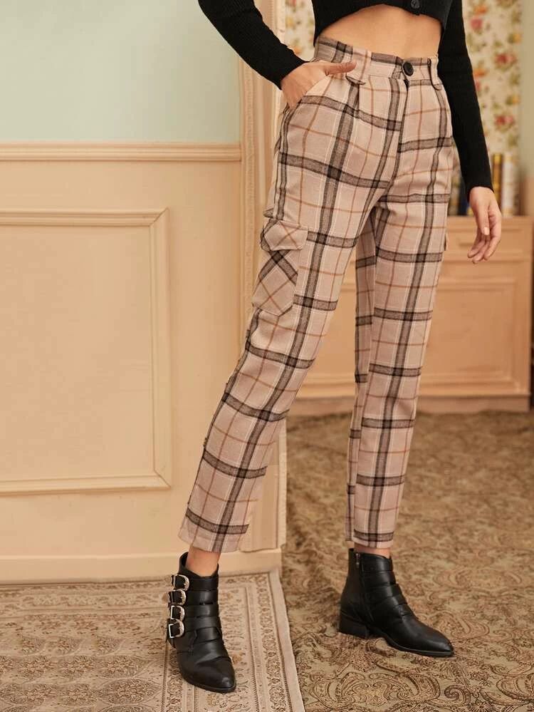 Flap Pocket Plaid Straight Pants | SHEIN