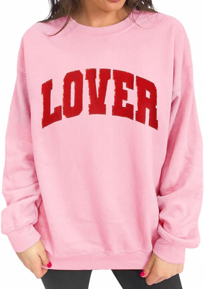 BOUTIKOME Valentine's Day Sweatshirts for Women Sequin Glitter Patch Lover Letter Shirts Chenille... | Amazon (US)
