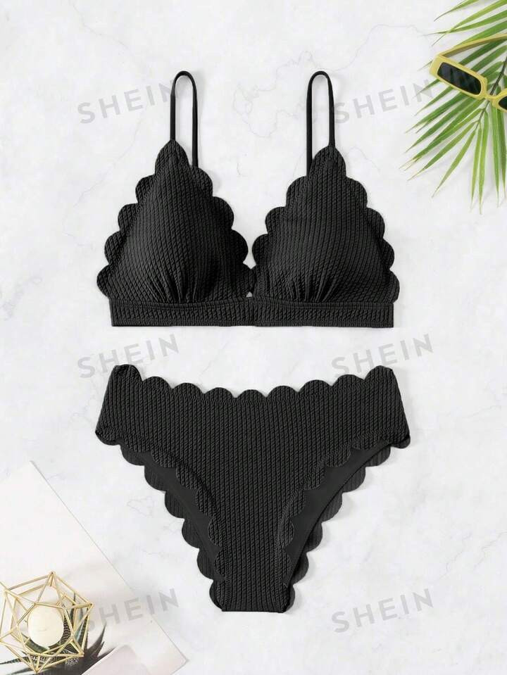SHEIN Swim Women's Solid Color High Waisted Bikini Set With Arc Edge Cutout Design, Sexy Swimwear... | SHEIN