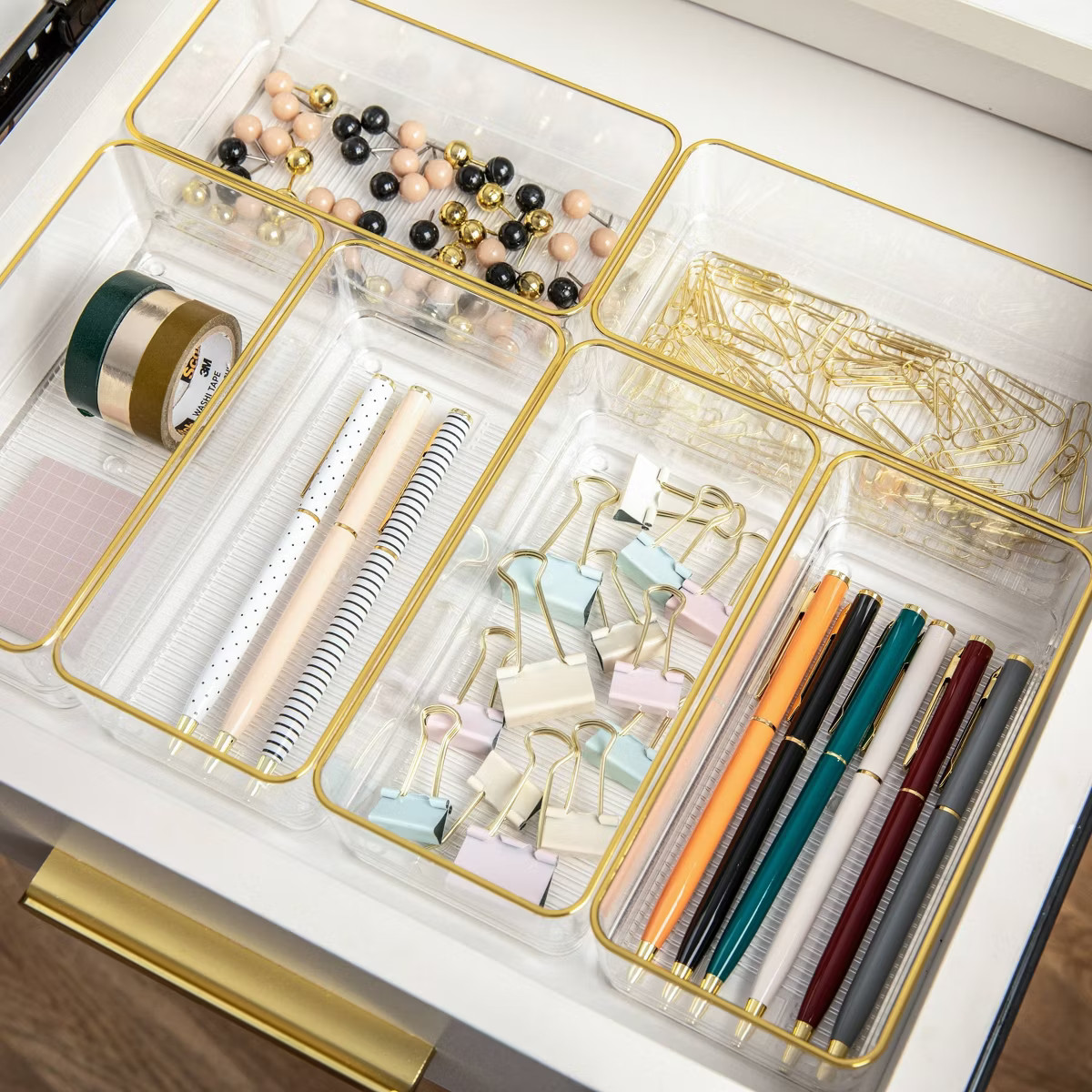 Martha Stewart 6pc 6" x 3" Plastic Stackable Office Desk Drawer Organizers with Gold Trim Clear | Target