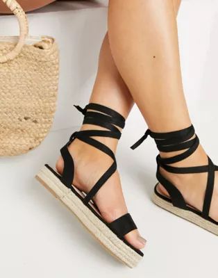 Truffle Collection espadrille tie leg sandals in black | ASOS (Global)