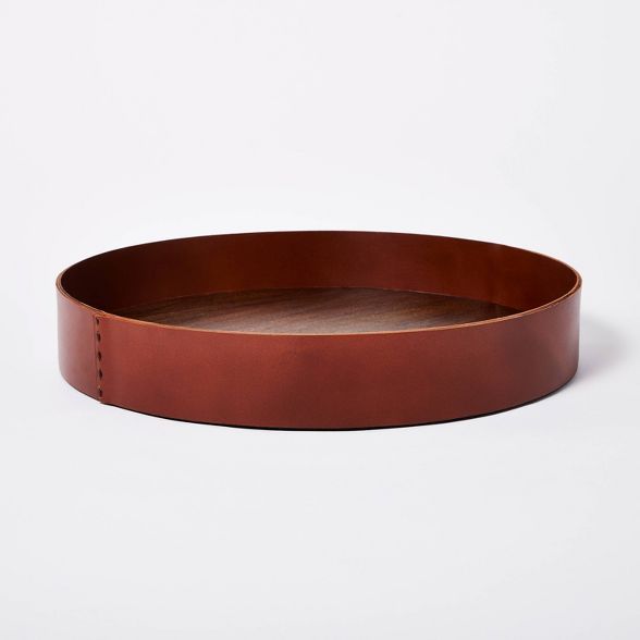 14" x 2" Decorative Round Leather Tray with Wood Base Brown - Threshold™ designed with Studio M... | Target