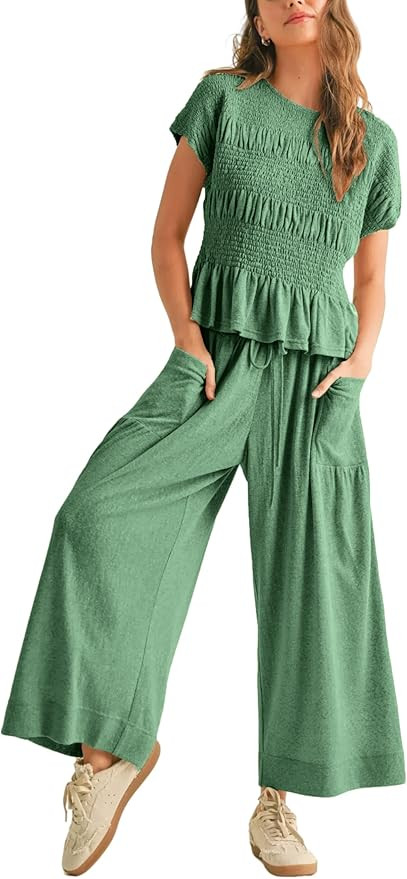 Womens 2 Piece Smocked Top Wide-Leg Pants Set High-Waisted Lounge Outfit with Pockets Casual Boho... | Amazon (US)