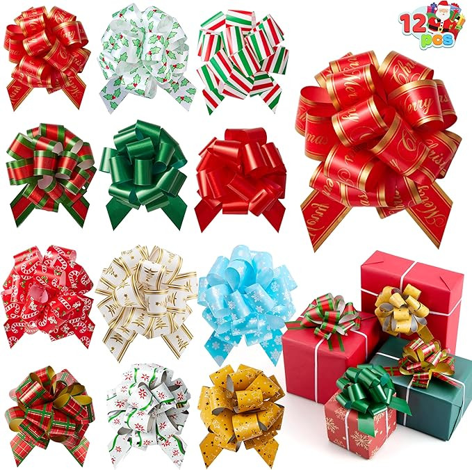JOYIN 12 PCS Large Christmas Pull Bows with Ribbon 5” Wide for Gift Wrapping and Tags, Christma... | Amazon (US)
