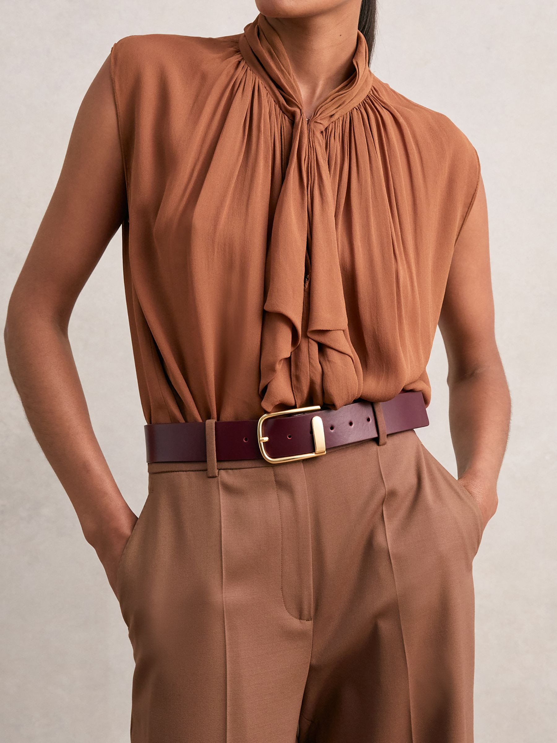 Reiss Leather Half Keeper Belt in Burgundy - REISS | Reiss UK