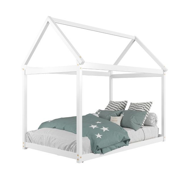 Costway Twin House Bed Wood Frame w/ Roof for Kids Toddler No Box Spring White\Grey | Target