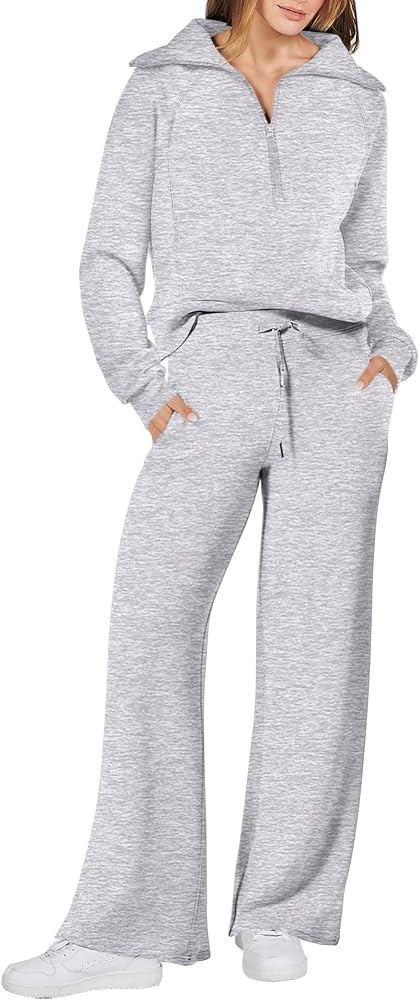 ANRABESS Women\u2019s 2 Piece Outfits Half Zip Sweatshirt & Wide Leg Pants Airport Travel Lounge ... | Amazon (US)