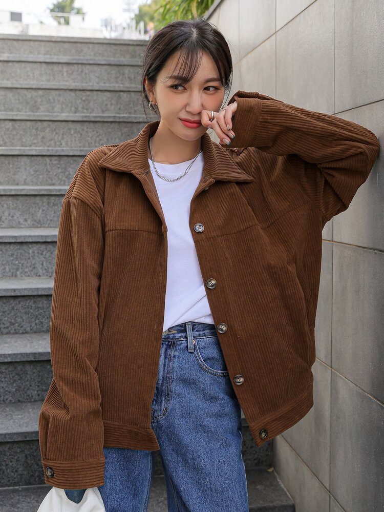 DAZY Drop Shoulder Button Up Corduroy Jacket | SHEIN