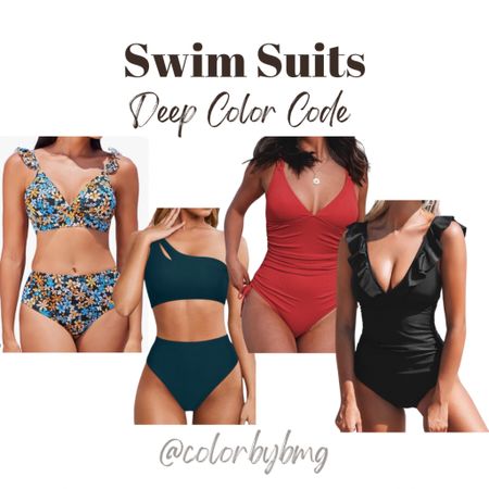 Deep Color Code Swimsuit 

Deep Autumn or Deep Winter

Suit Colors:
1. Orange Blue Floral
2. Peacock Blue 
3. Coral Reef
4. Black
