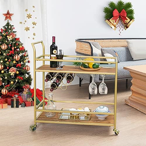 Gold Bar Cart, Home Bar Serving Cart with Wine Rack and Glass Holder, 2 Tier Wine Cart with Locka... | Amazon (US)