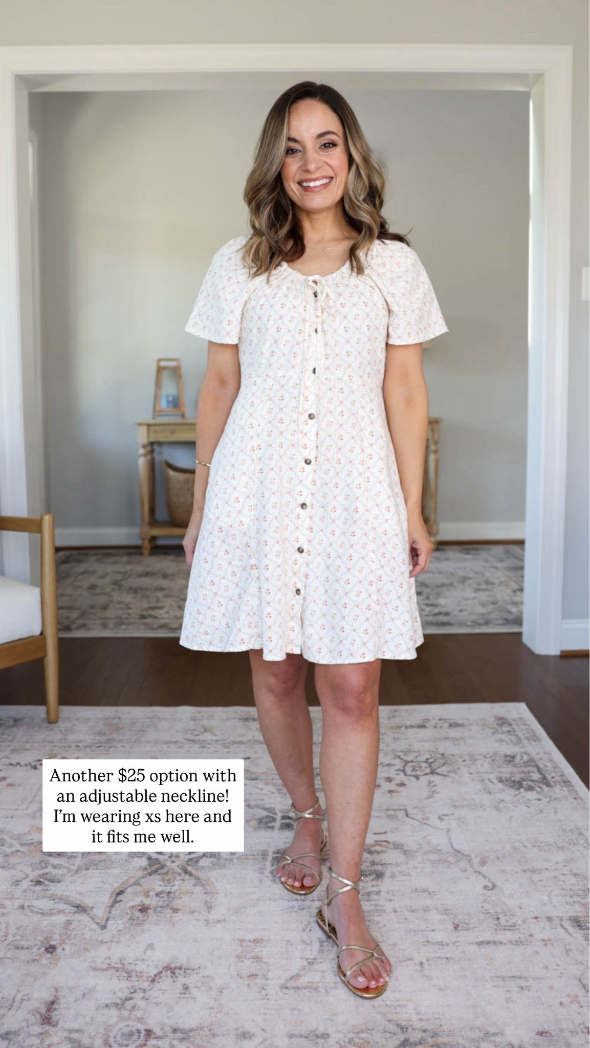 Under $50 petite finds! 

Cream floral dress (Target): xs 

Other outfit pieces (not under $50) 
Gold sandals (Sam Edelman): true to size