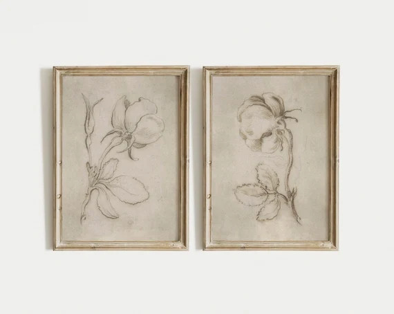 Vintage botanical prints set of 2, Antique flower sketch, Botanical neutral sketch, Rose sketch p... | Etsy (US)