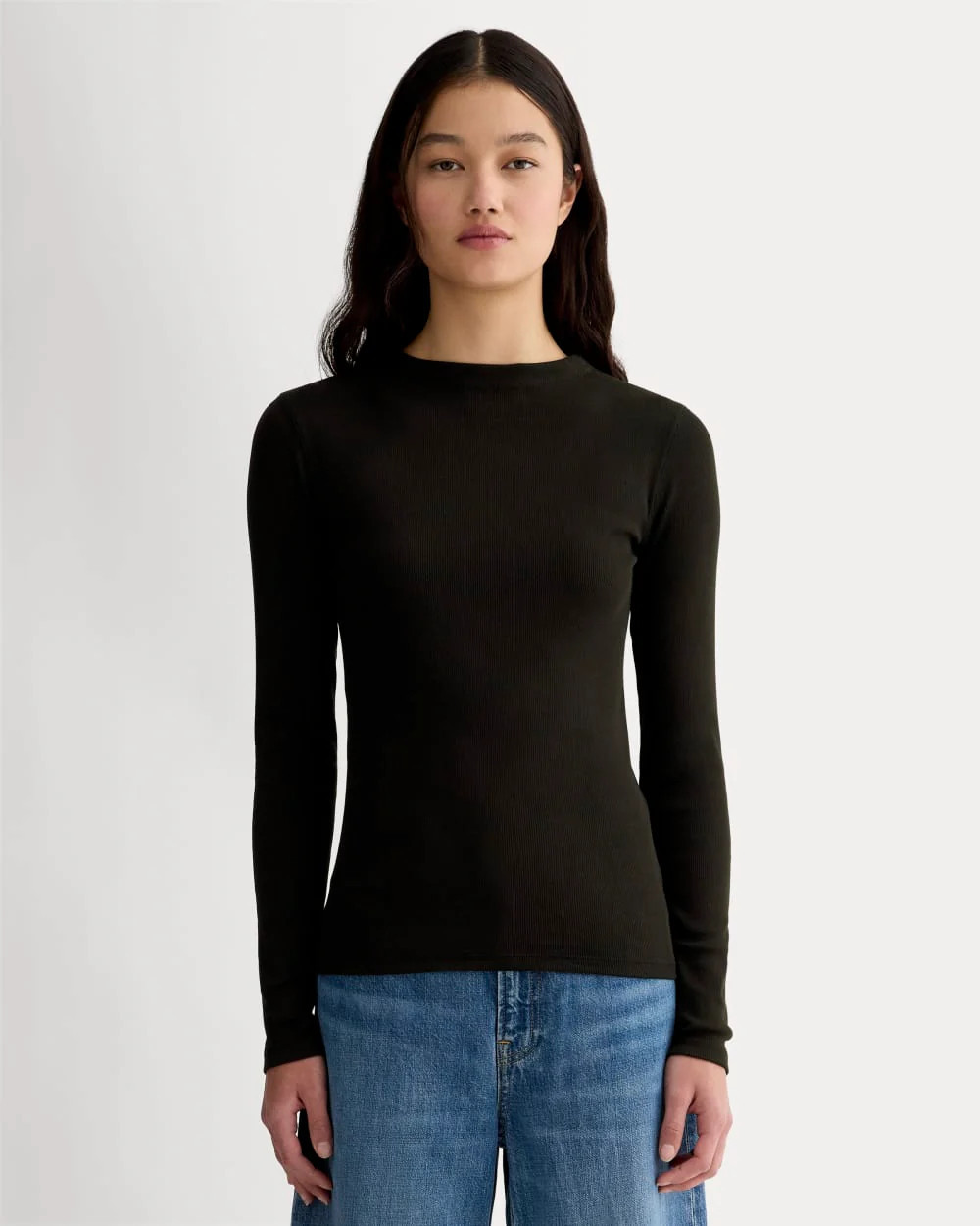 Everlane Luxe Rib Funnel-Neck Tshirt In Black, Size XL, Cotton | Everlane