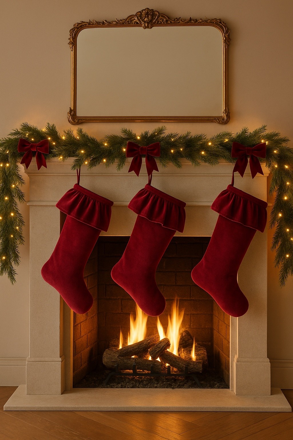 Cozy Christmas vibes! 
Stockings, mantle gold mirror, garland and bow decorations! 

#LTKHoliday #LTKSeasonal #LTKHome
