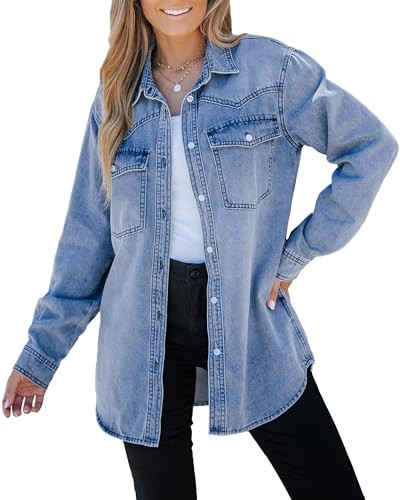 luvamia Long Denim Jacket for Women Lightweight Trendy Jean Button Down Shirts Jackets Oversized Shackets with Pockets Long Shacket Jacket Women Shacket Cool Blue Size Large Size 12 Size 14 | Amazon (US)