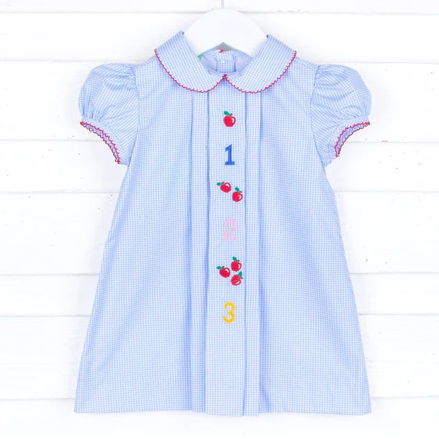 Easy as 123 Embroidered Apple Light Blue Dress | Classic Whimsy
