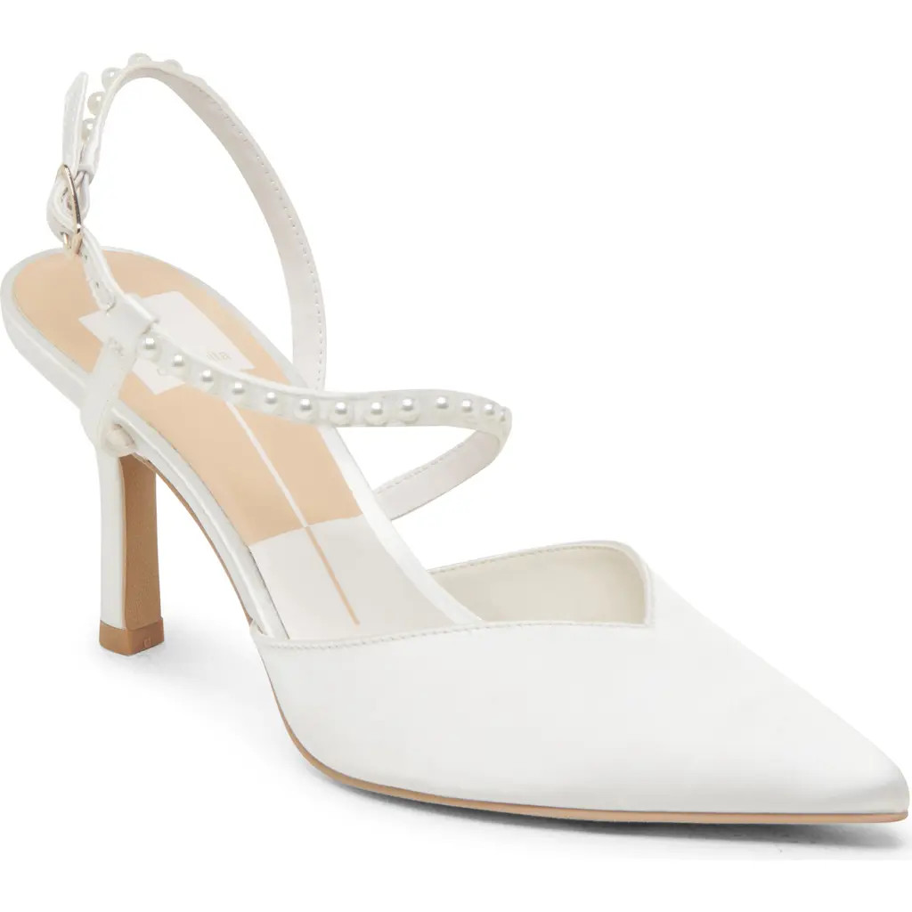 Dolce Vita Kamra Faux Pearl Pointed Toe Pump in True White Satin at Nordstrom, Size 10 | Nordstrom