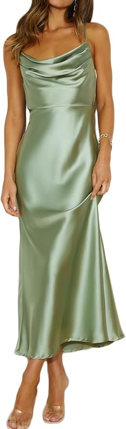 Summer Satin Spaghetti Strap Cowl Neck Backless Midi Dresses for Women Elegant Tie Low Back Ruche... | Amazon (US)