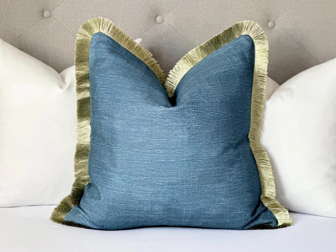Navy Blue Throw Pillow With Green Brushed Fringe Detail | Designer Accent Blue Pillow for Sofa an... | Etsy (US)